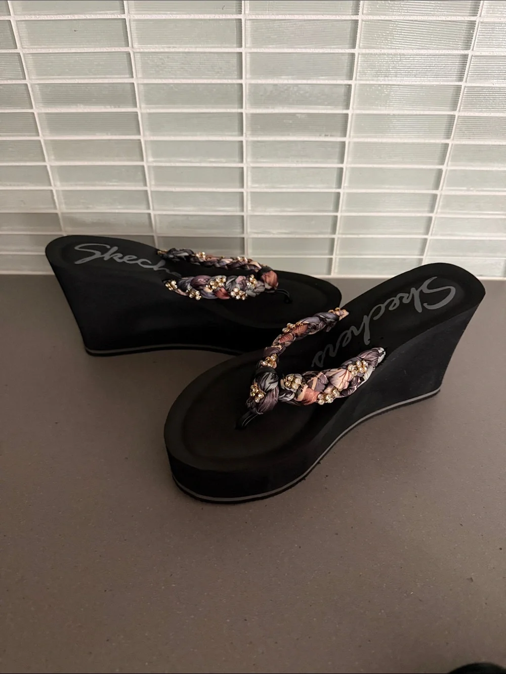 Skechers Black Wedge Sandals with Braided Multi-Color Straps